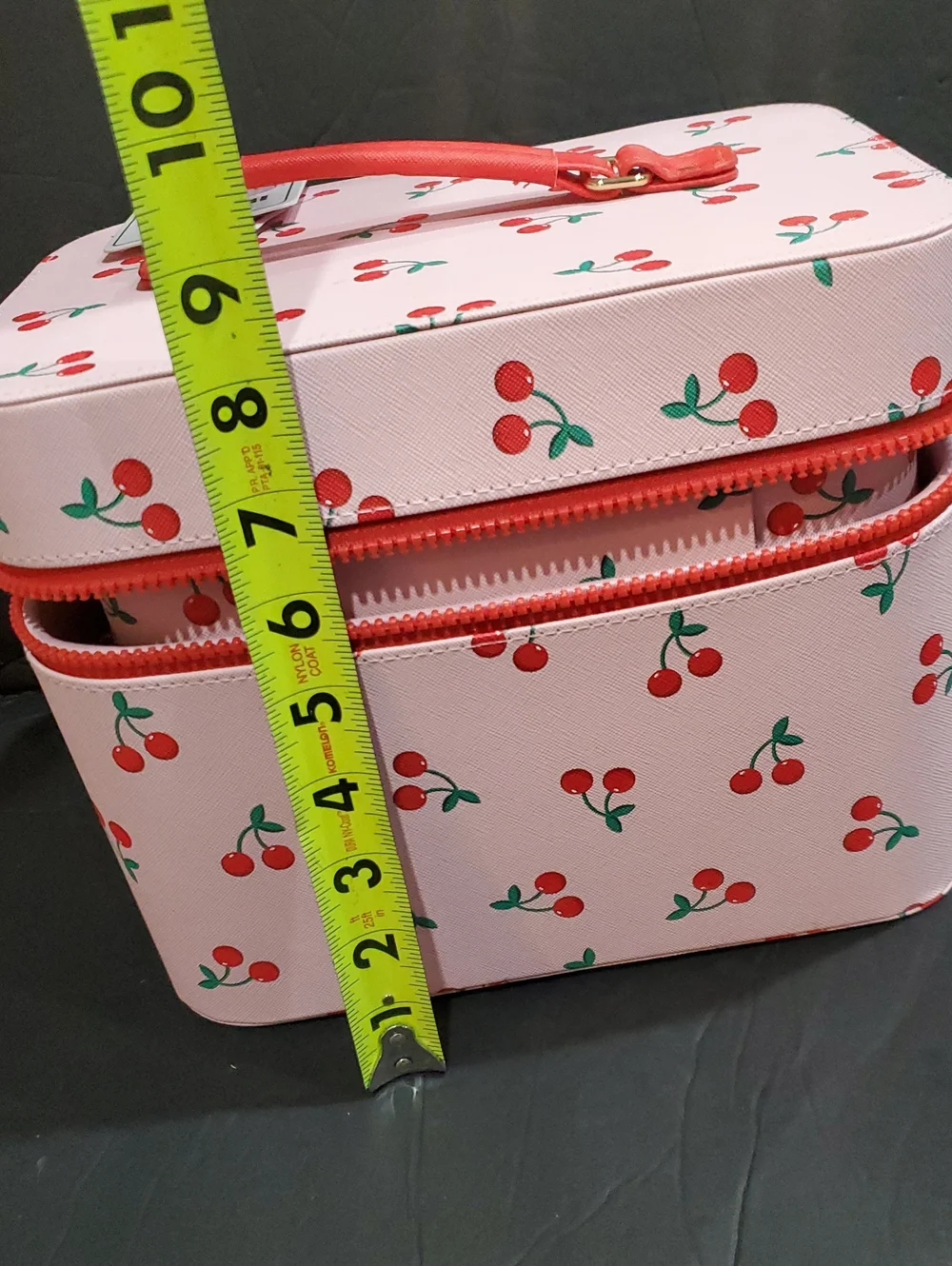 Cherry print pink makeup cosmetics large hard train case with cherry zip pull